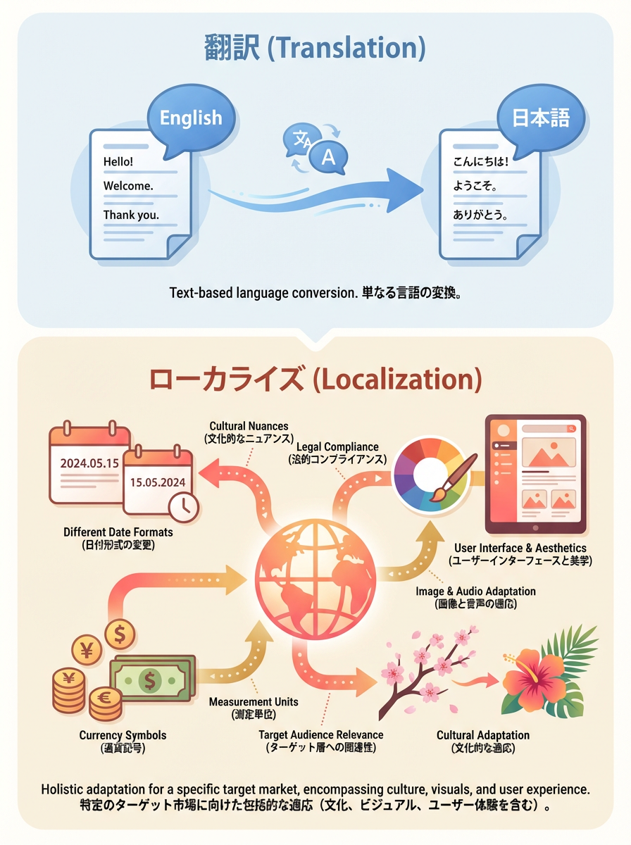 翻訳 vs ローカライズ（アイコン図解スタイル）
